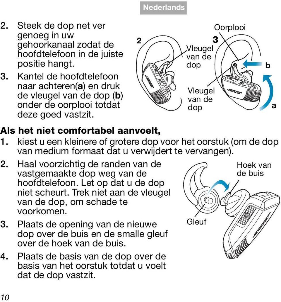 kiest u een kleinere of grotere dop voor het oorstuk (om de dop van medium formaat dat u verwijdert te vervangen). 2. Haal voorzichtig de randen van de vastgemaakte dop weg van de hoofdtelefoon.