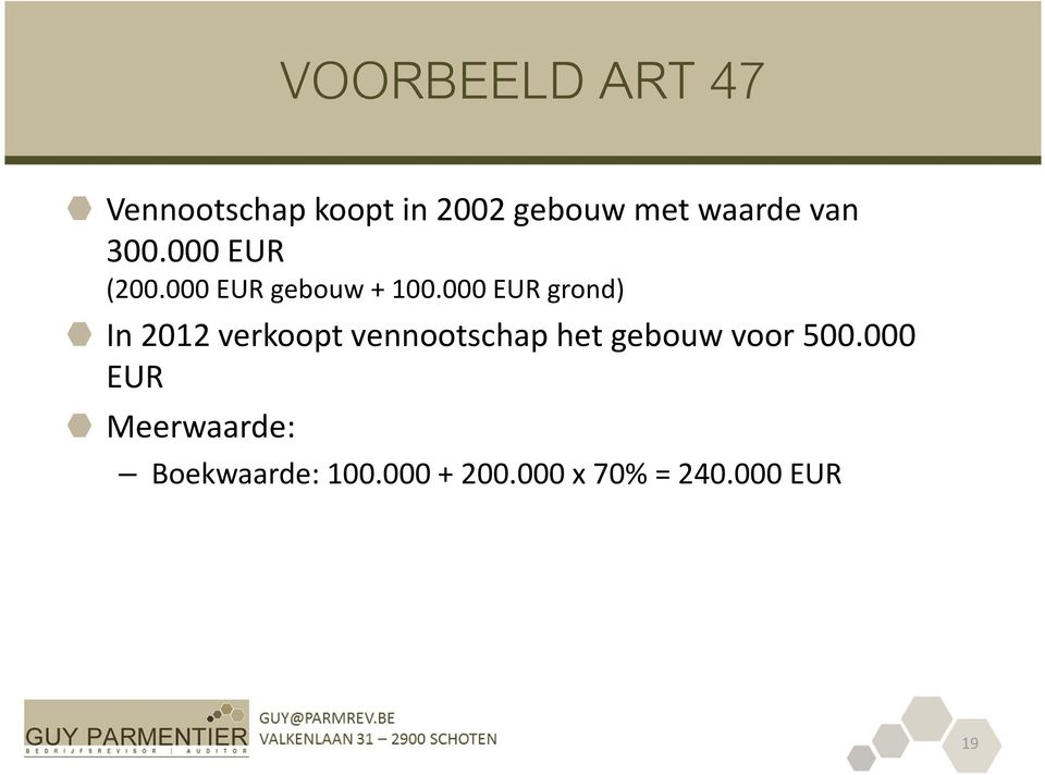 000 EUR grond) In 2012 verkoopt vennootschap het gebouw voor