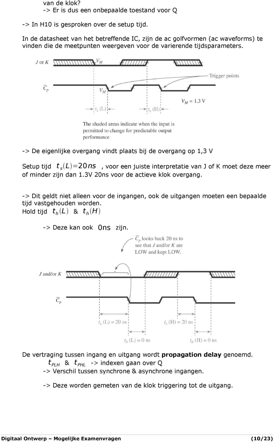 -> De eigenlijke overgang vindt plaats bij de overgang op,3 V Setup tijd t s L =20ns, voor een juiste interpretatie van J of K moet deze meer of minder zijn dan.3v 20ns voor de actieve klok overgang.