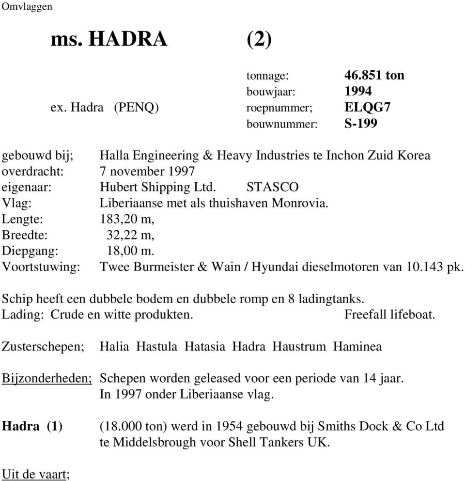 STASCO Vlag: Liberiaanse met als thuishaven Monrovia. Lengte: 183,20 m, Breedte: 32,22 m, Diepgang: 18,00 m. Voortstuwing: Twee Burmeister & Wain / Hyundai dieselmotoren van 10.143 pk.