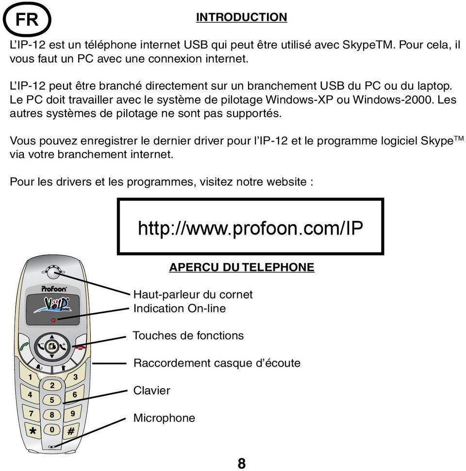 Les autres systèmes de pilotage ne sont pas supportés. Vous pouvez enregistrer le dernier driver pour l IP-12 et le programme logiciel Skype TM via votre branchement internet.