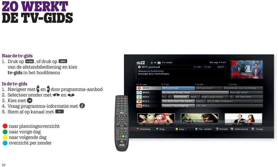 tv-gids 1. Navigeer met en door programma-aanbod 2. Selecteer zender met en 3.