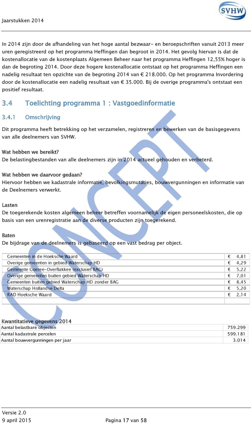Door deze hogere kostenallocatie ontstaat op het programma Heffingen een nadelig resultaat ten opzichte van de begroting 2014 van 218.000.
