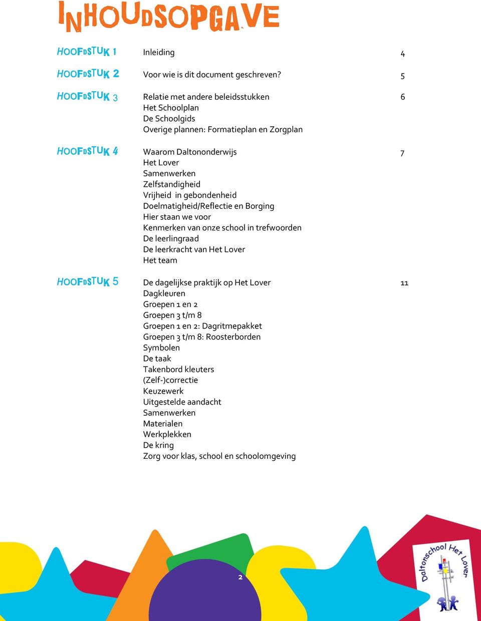 Vrijheid in gebondenheid Doelmatigheid/Reflectie en Borging Hier staan we voor Kenmerken van onze school in trefwoorden De leerlingraad De leerkracht van Het Lover Het team Hoofdstuk 5 De