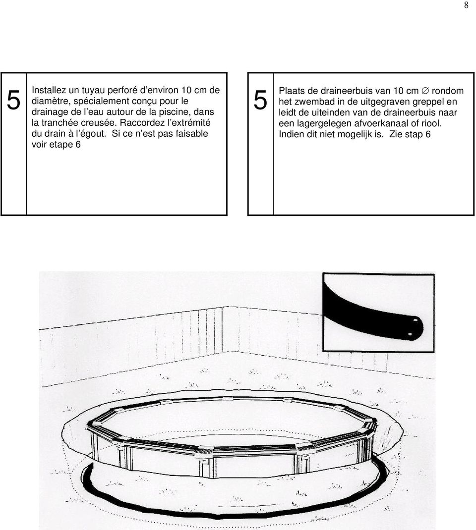 Si ce n est pas faisable voir etape 6 5 Plaats de draineerbuis van 10 cm rondom het zwembad in de uitgegraven