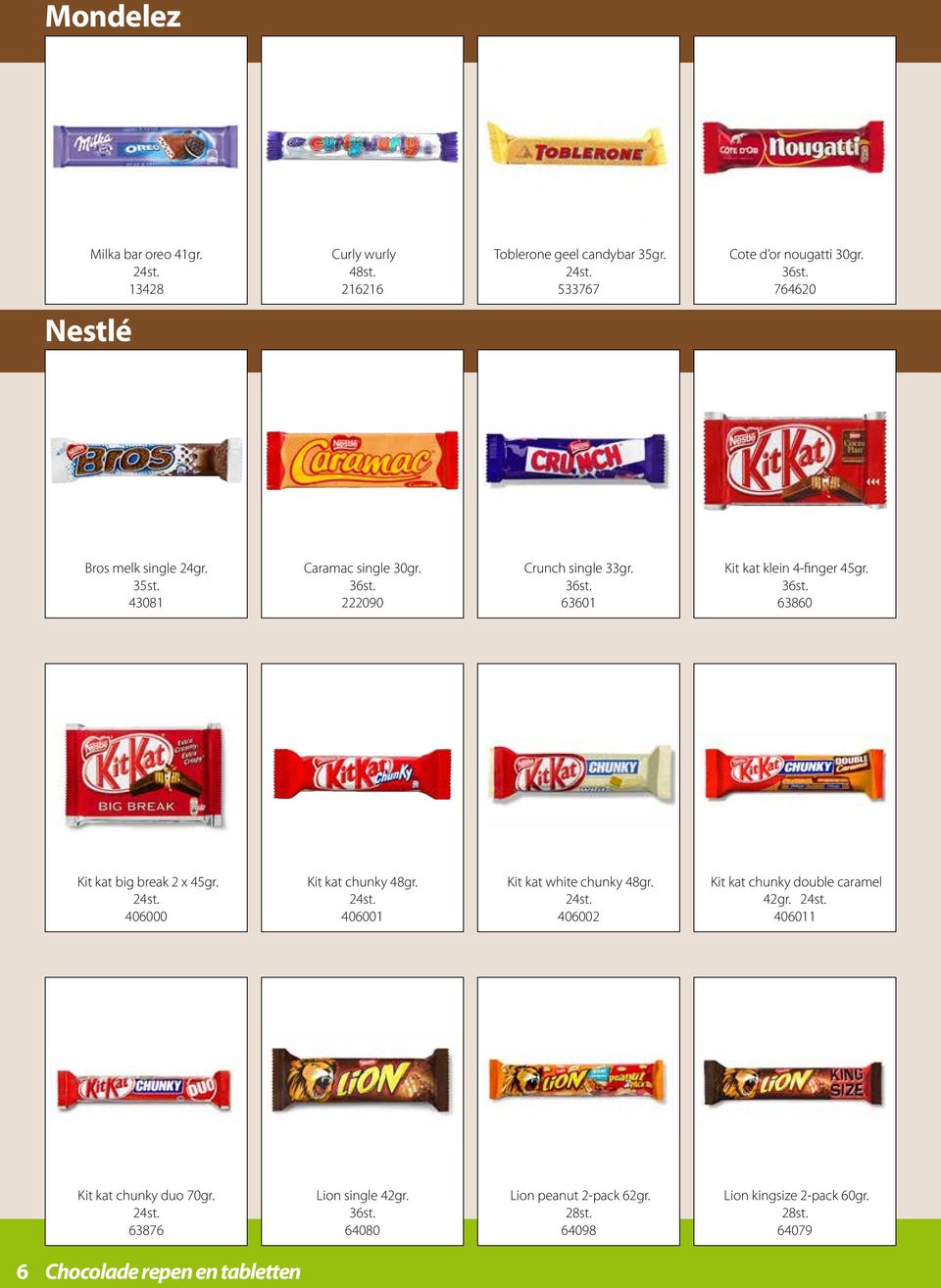 3 63860 Kit kat big break 2 x 45gr. 406000 Kit kat chunky 48gr. 406001 Kit kat white chunky 48gr. 406002 Kit kat chunky double caramel 42gr.