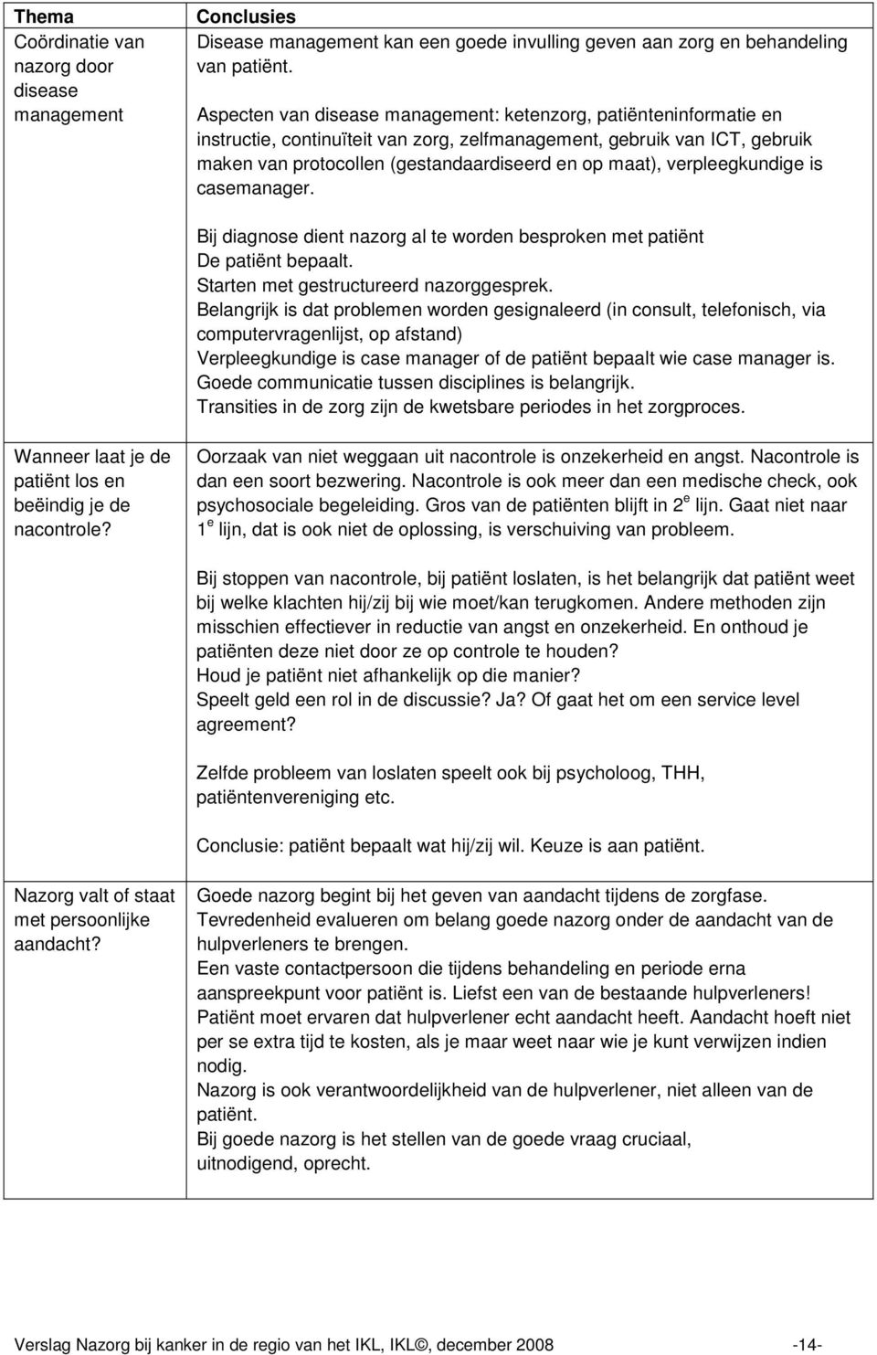 verpleegkundige is casemanager. Bij diagnose dient nazorg al te worden besproken met patiënt De patiënt bepaalt. Starten met gestructureerd nazorggesprek.