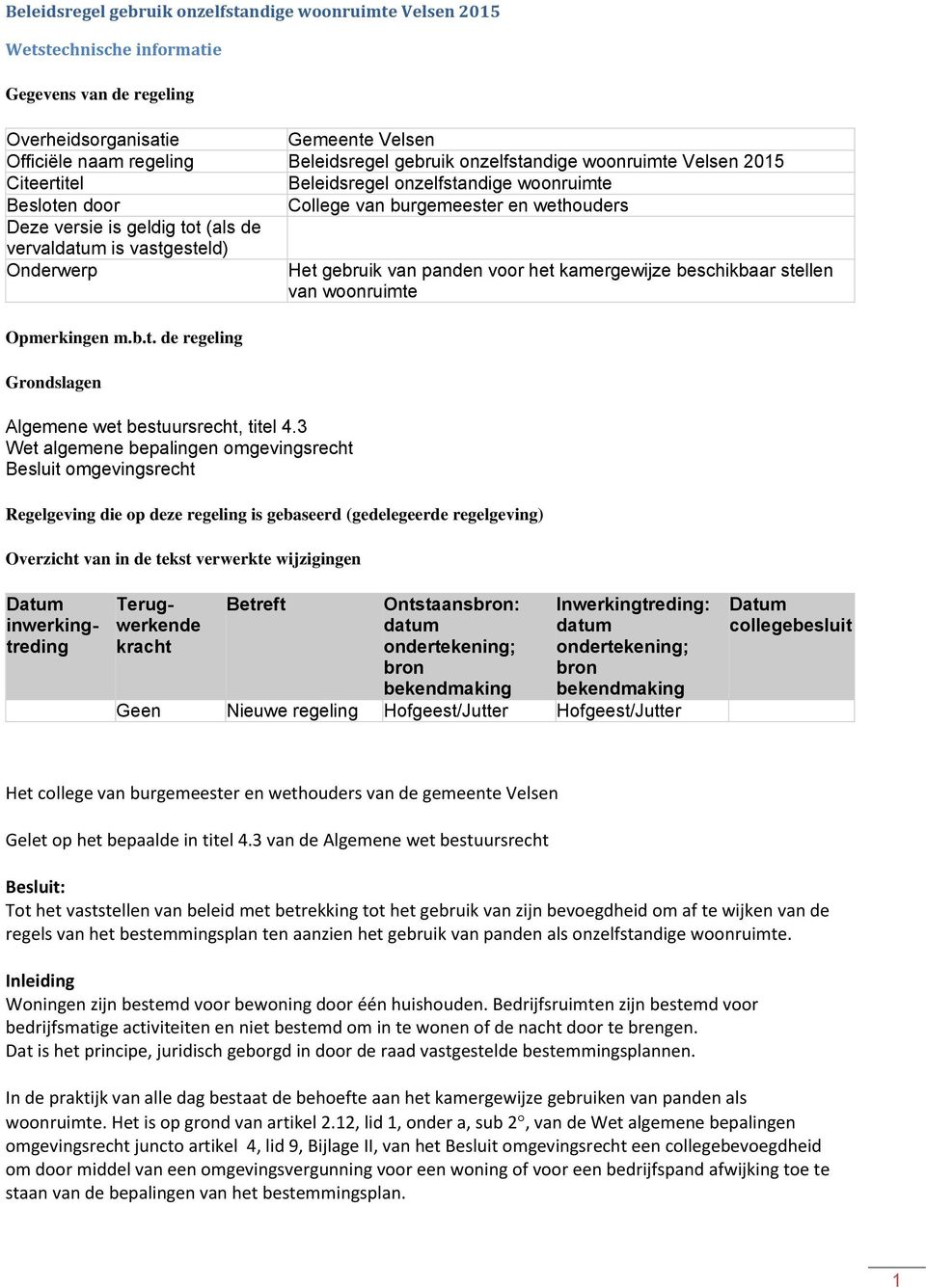 vastgesteld) Onderwerp Het gebruik van panden voor het kamergewijze beschikbaar stellen van woonruimte Opmerkingen m.b.t. de regeling Grondslagen Algemene wet bestuursrecht, titel 4.