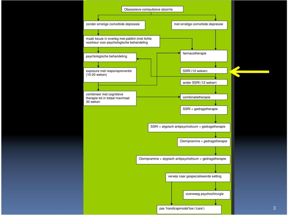 met cognitieve therapie tot in totaal maximaal 30 weken combinatietherapie SSRI + gedragstherapie SSRI + atypisch antipsychoticum + gedragstherapie Clomipramine +