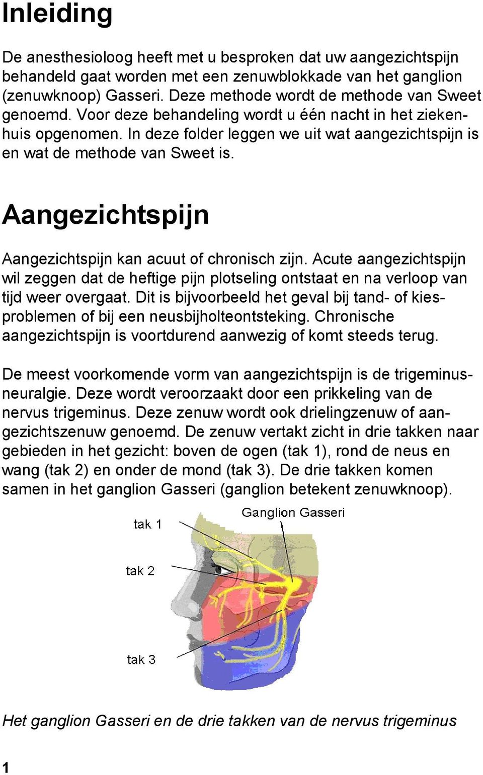 In deze folder leggen we uit wat aangezichtspijn is en wat de methode van Sweet is. Aangezichtspijn Aangezichtspijn kan acuut of chronisch zijn.