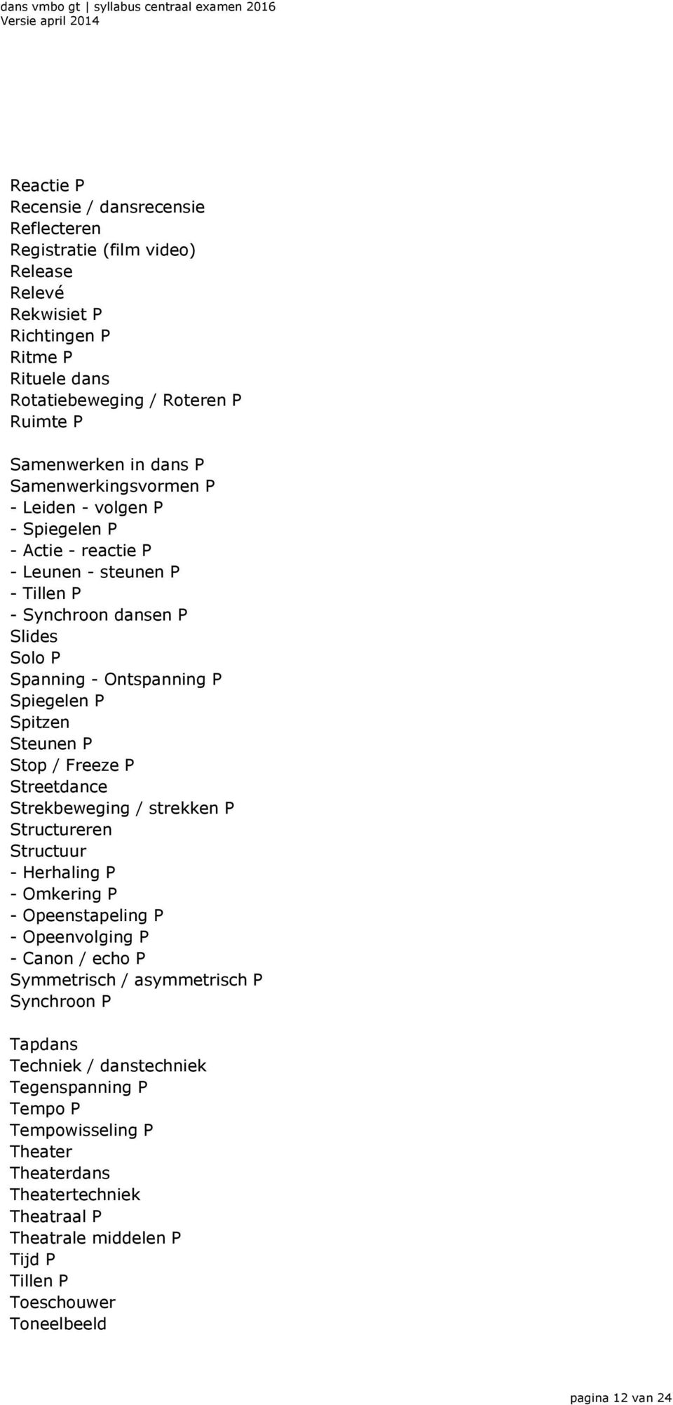 P Stop / Freeze P Streetdance Strekbeweging / strekken P Structureren Structuur - Herhaling P - Omkering P - Opeenstapeling P - Opeenvolging P - Canon / echo P Symmetrisch / asymmetrisch P