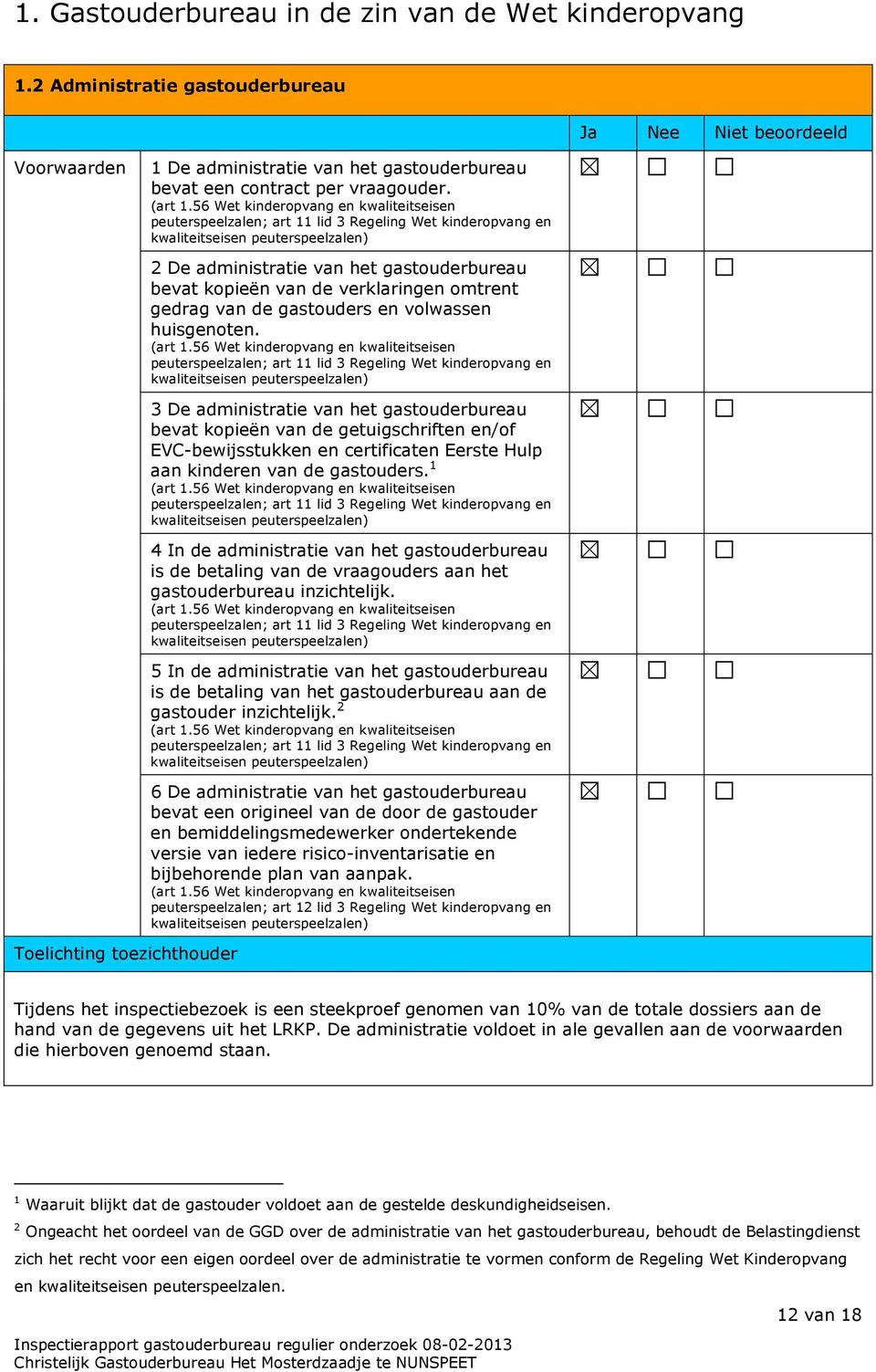 56 Wet kinderopvang en kwaliteitseisen peuterspeelzalen; art 11 lid 3 Regeling Wet kinderopvang en 2 De administratie van het gastouderbureau bevat kopieën van de verklaringen omtrent gedrag van de