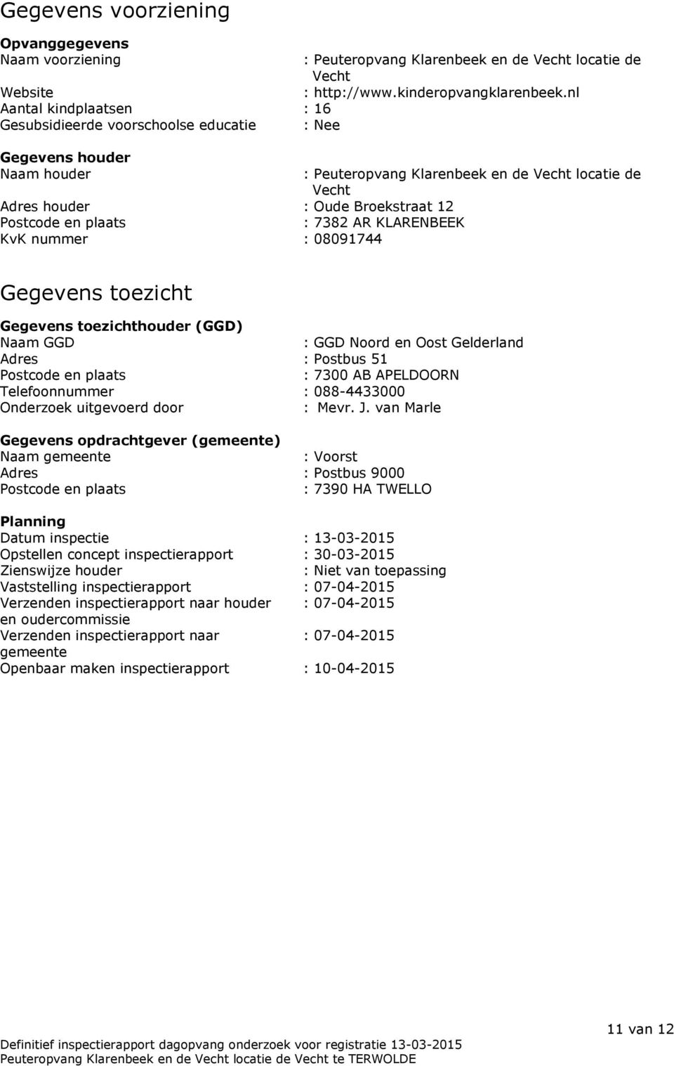 nl : Peuteropvang Klarenbeek en de Vecht locatie de Vecht Gegevens toezicht Gegevens toezichthouder (GGD) Naam GGD : GGD Noord en Oost Gelderland Adres : Postbus 51 Postcode en plaats : 7300 AB