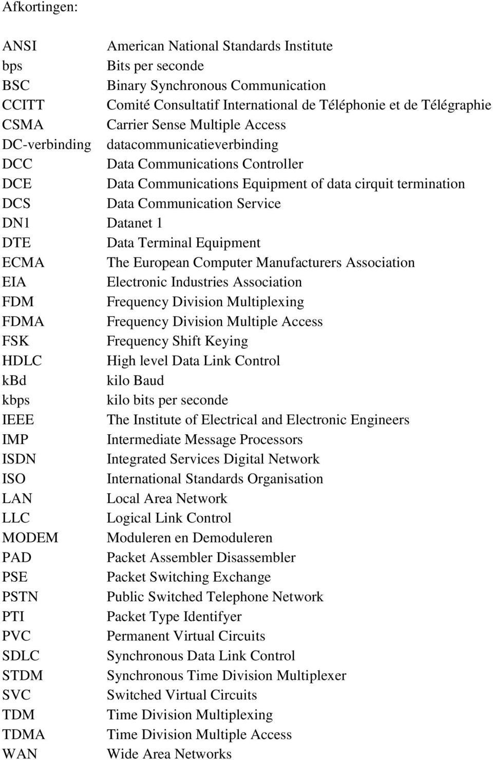 Datanet 1 DTE Data Terminal Equipment ECMA The European Computer Manufacturers Association EIA Electronic Industries Association FDM Frequency Division Multiplexing FDMA Frequency Division Multiple