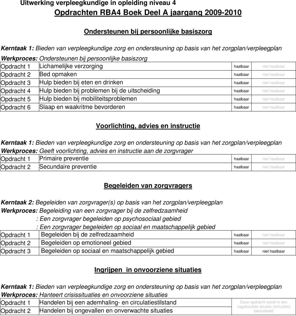 Opdracht 3 Hulp bieden bij eten en drinken haalbaar niet haalbaar Opdracht 4 Hulp bieden bij problemen bij de uitscheiding haalbaar niet haalbaar Opdracht 5 Hulp bieden bij mobiliteitsproblemen