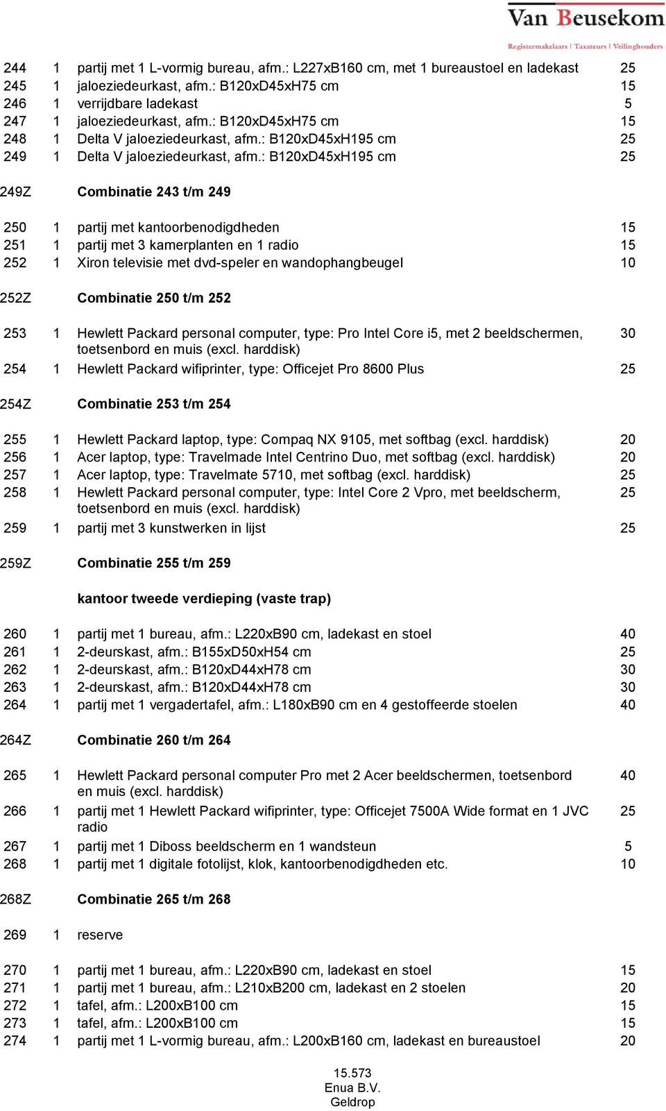 : B120xD45xH195 cm 249Z Combinatie 243 t/m 249 0 1 partij met kantoorbenodigdheden 1 1 partij met 3 kamerplanten en 1 radio 2 1 Xiron televisie met dvd-speler en wandophangbeugel 10 2Z Combinatie 0