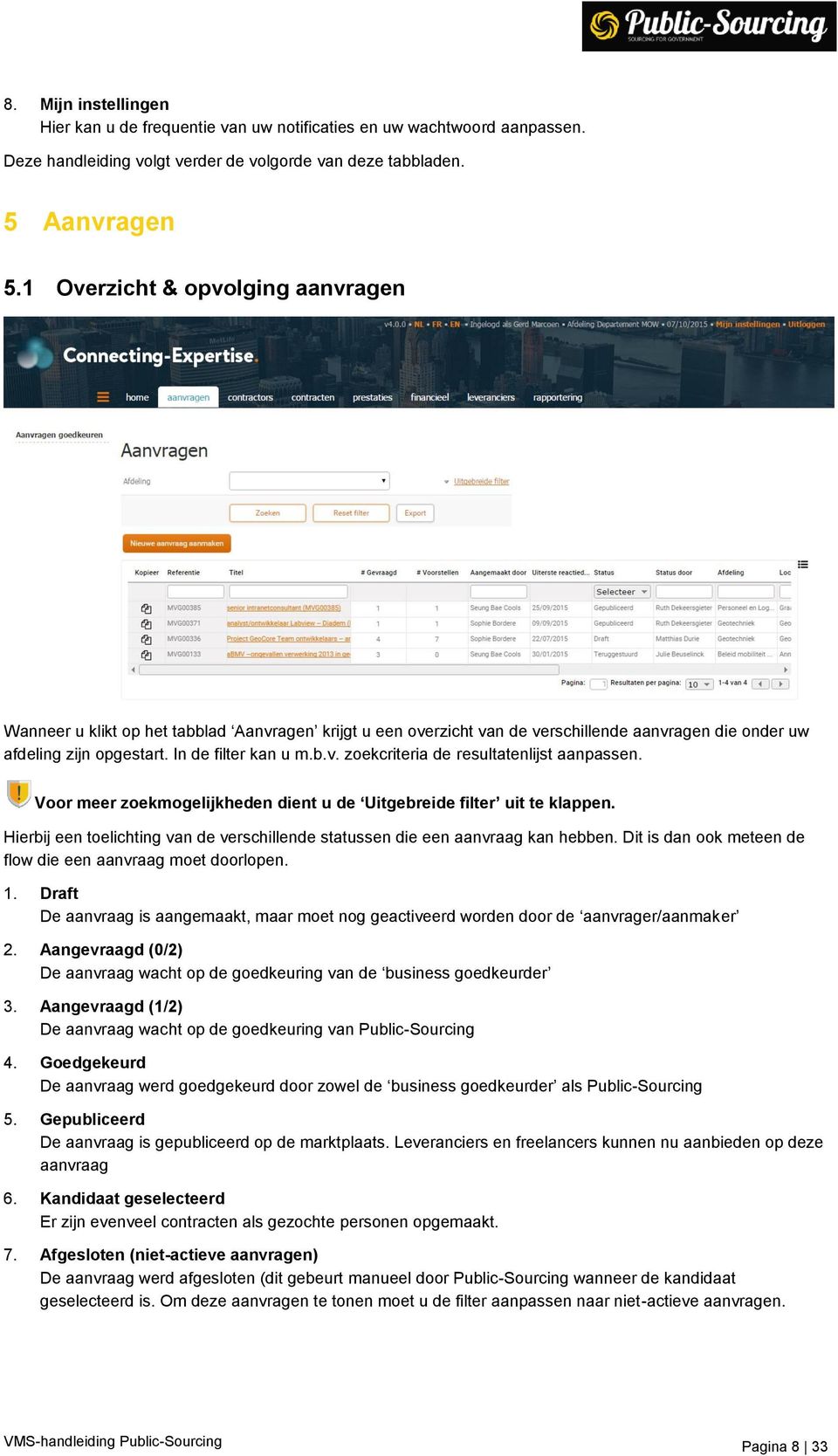 Voor meer zoekmogelijkheden dient u de Uitgebreide filter uit te klappen. Hierbij een toelichting van de verschillende statussen die een aanvraag kan hebben.