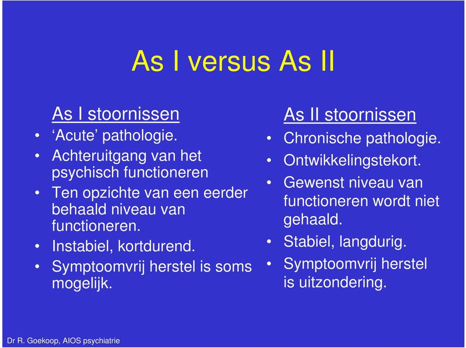 functioneren. Instabiel, kortdurend. Symptoomvrij herstel is soms mogelijk.