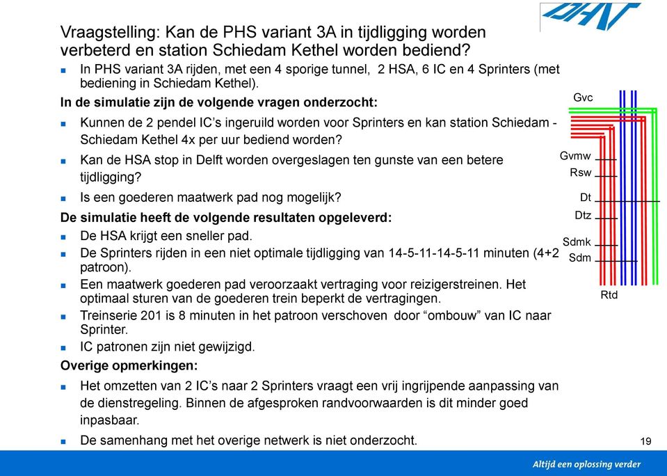 In de simulatie zijn de volgende vragen onderzocht: Kunnen de 2 pendel IC s ingeruild worden voor Sprinters en kan station Schiedam - Schiedam Kethel 4x per uur bediend worden?