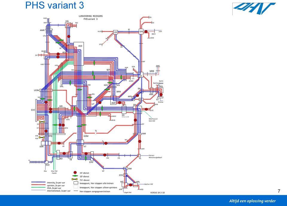 NM DDR GR HT VRY VS Atw RSD Atw / Bxl ParisN BD TB intercity, 2x per uur sprinter, 2x per uur HSA, 2x per uur internationaal, 1x per uur HM DN EHV RM WT 15 -dienst STD 10 -dienst 7½ -dienst