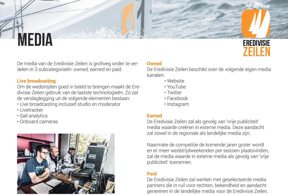 Zo zal de verslaglegging uit de volgende elementen bestaan: Live broadcasting inclusief studio en moderator Livetracker Sail analytics Onboard cameras Owned De Eredivisie Zeilen beschikt over de