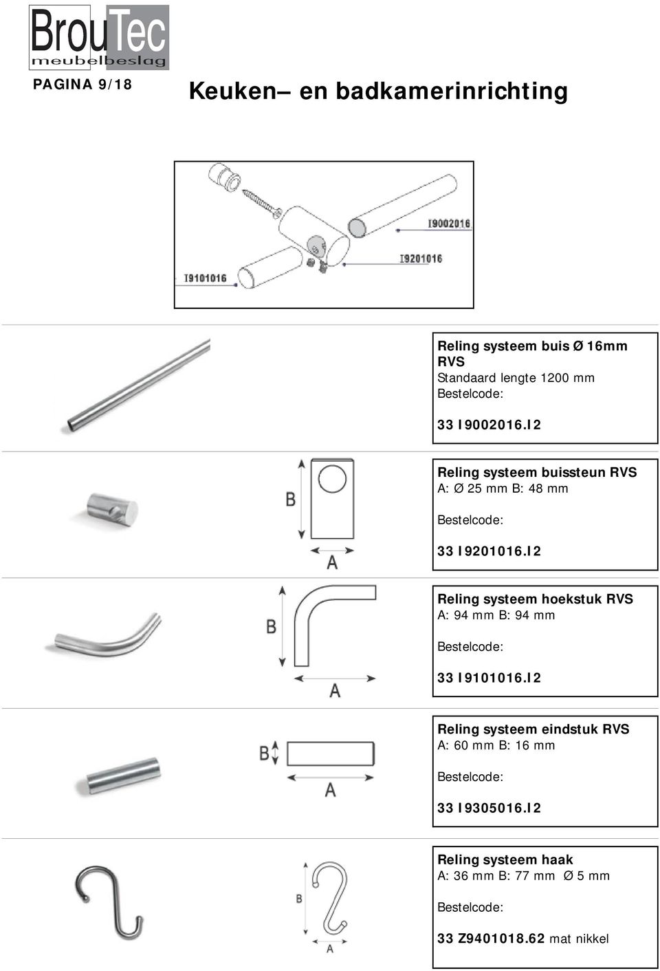 I2 Reling systeem hoekstuk RVS A: 94 mm B: 94 mm 33 I9101016.