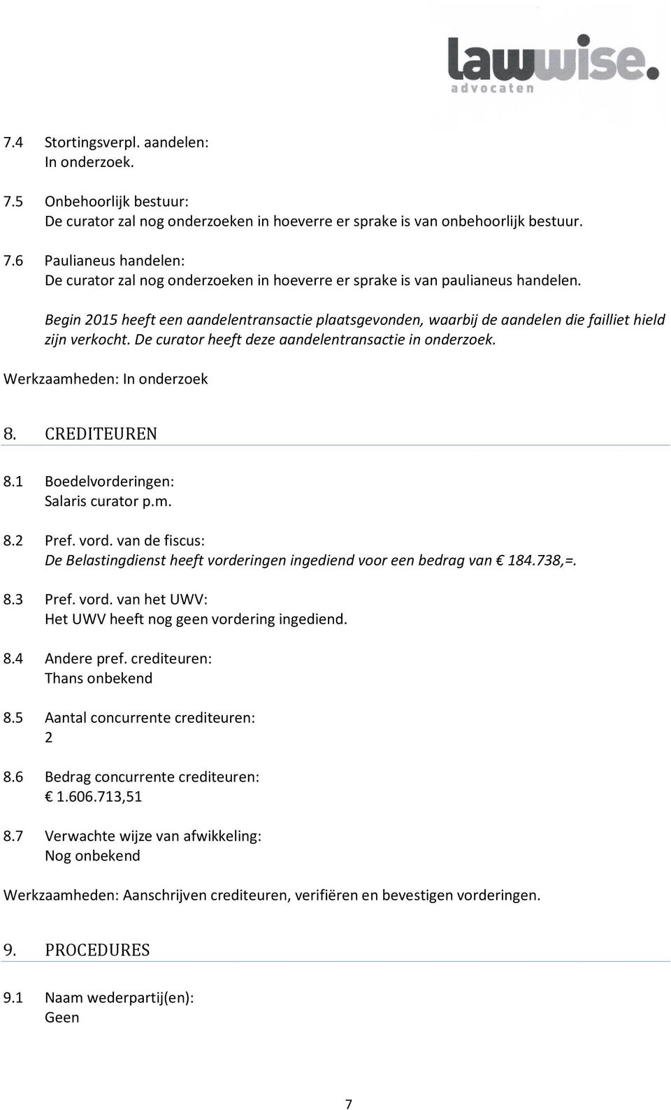 CREDITEUREN 8.1 Boedelvorderingen: Salaris curator p.m. 8.2 Pref. vord. van de fiscus: De Belastingdienst heeft vorderingen ingediend voor een bedrag van 184.738,=. 8.3 Pref. vord. van het UWV: Het UWV heeft nog geen vordering ingediend.