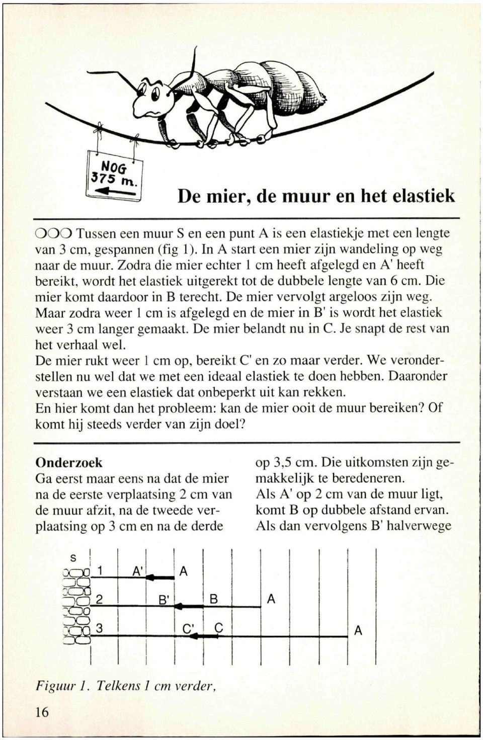 Maar zodra weer 1 cm is afgelegd en de mier in B' is wordt het elastiek weer 3 cm langer gemaakt. De mier belandt nu in C. Je snapt de rest van het verhaal wel.