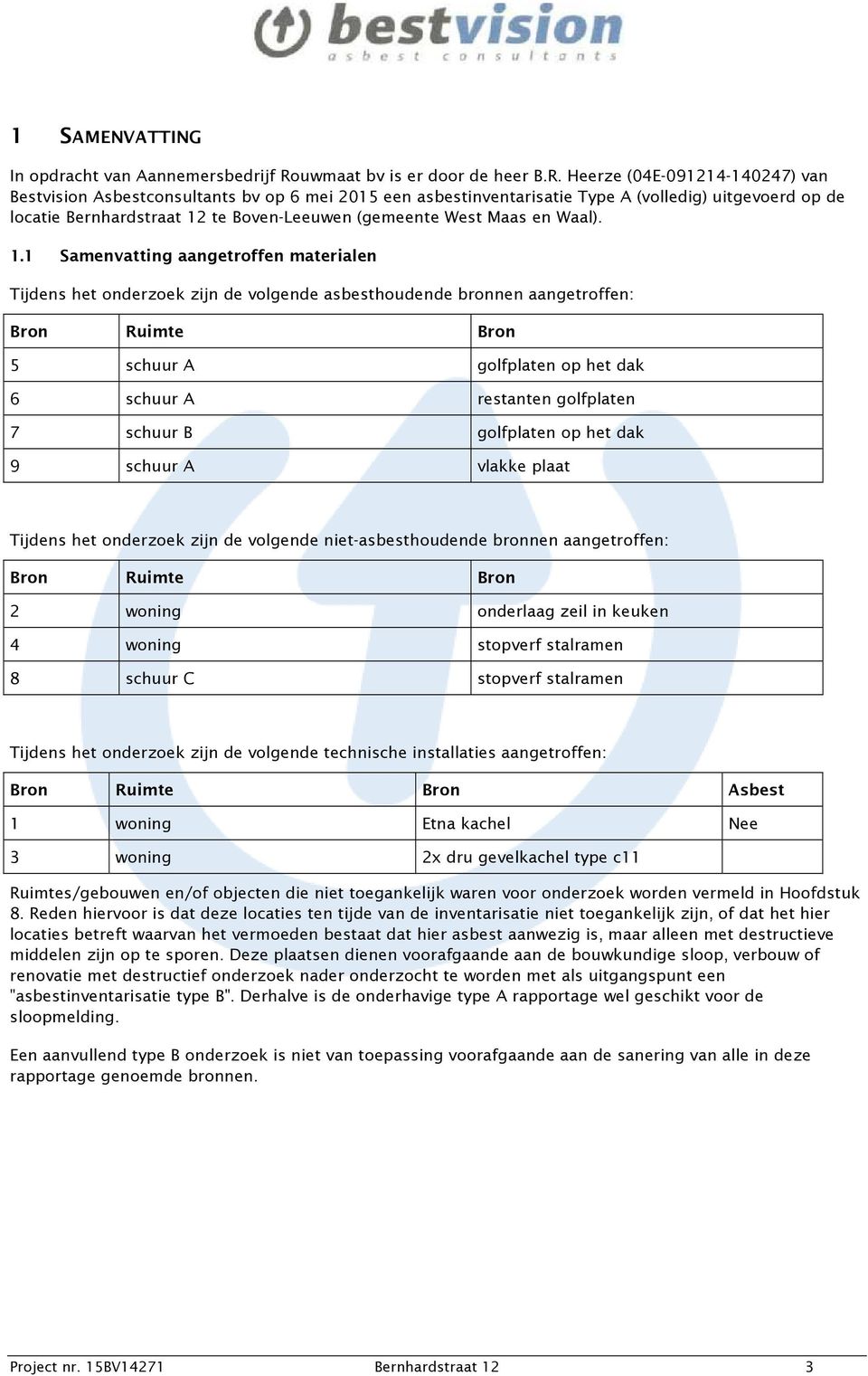 Heerze (04E-091214-140247) van Bestvision Asbestconsultants bv op 6 mei 2015 een asbestinventarisatie Type A (volledig) uitgevoerd op de locatie Bernhardstraat 12 te Boven-Leeuwen (gemeente West Maas