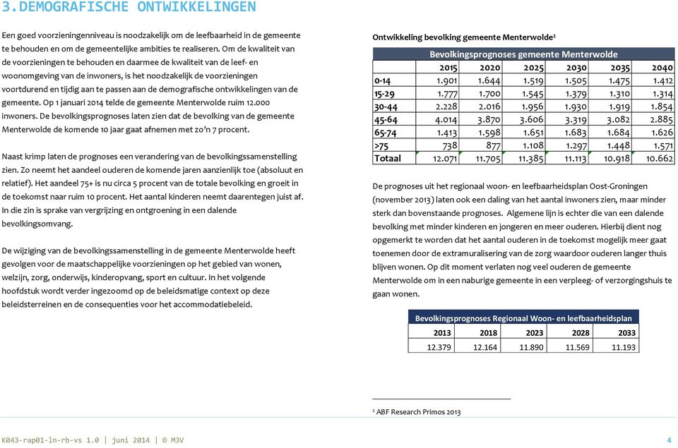 demografische ontwikkelingen van de gemeente. Op 1 januari 2014 telde de gemeente Menterwolde ruim 12.000 inwoners.