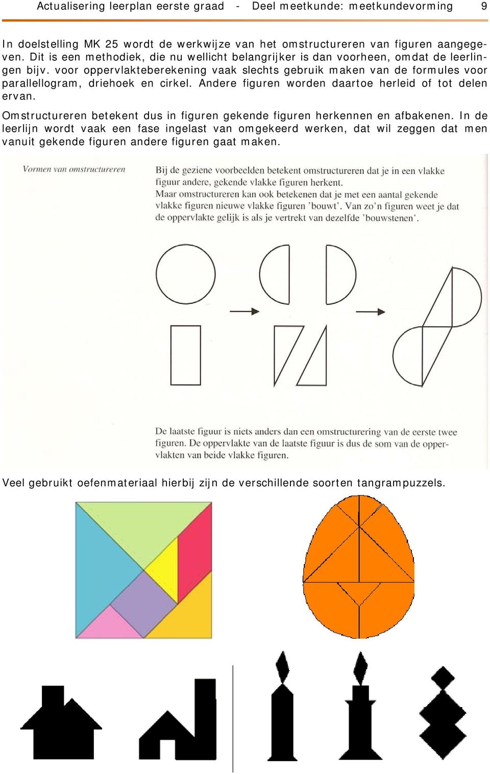 voor oppervlakteberekening vaak slechts gebruik maken van de formules voor parallellogram, driehoek en cirkel. Andere figuren worden daartoe herleid of tot delen ervan.