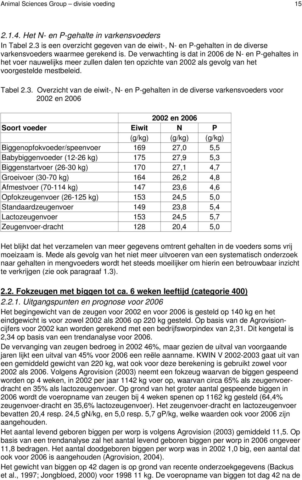 De verwachting is dat in 2006 de N- en P-gehaltes in het voer nauwelijks meer zullen dalen ten opzichte van 2002 als gevolg van het voorgestelde mestbeleid. Tabel 2.3.