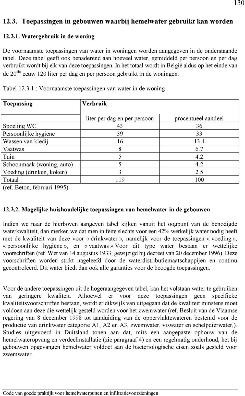 In het totaal wordt in België aldus op het einde van de 20 ste eeuw 120 liter per dag en per persoon gebruikt in de woningen. Tabel 12.3.