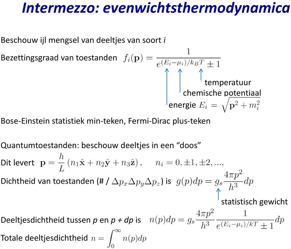 Fermi-Dirac plus-teken Quantumtoestanden: beschouw deeltjes in een doos Dit levert Dichtheid van