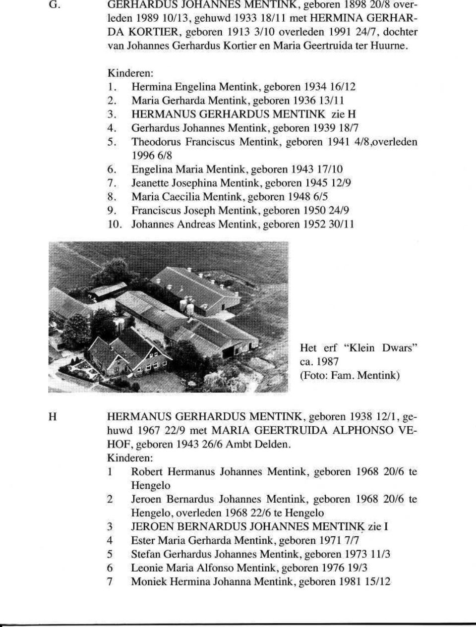 Gerhardus Johannes Mentink, geboren 1939 18/7 5. Theodorus Franciscus Mentink, geboren 1941 4/8,o verleden 1996 6/8 6. Engelina Maria Mentink, geboren 1943 17/10 7.
