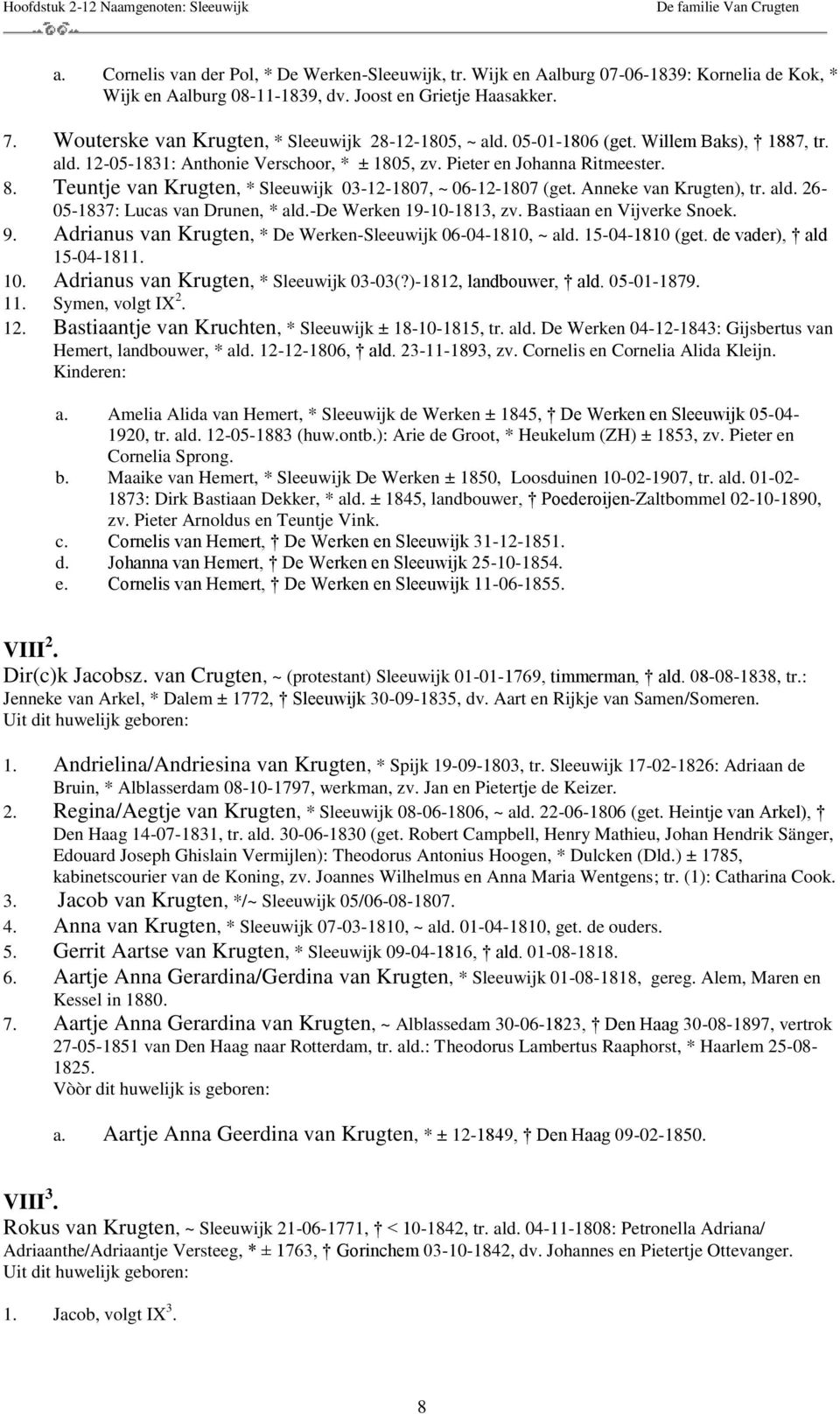 Teuntje van Krugten, * Sleeuwijk 03-12-1807, ~ 06-12-1807 (get. Anneke van Krugten), tr. ald. 26-05-1837: Lucas van Drunen, * ald.-de Werken 19-10-1813, zv. Bastiaan en Vijverke Snoek. 9.