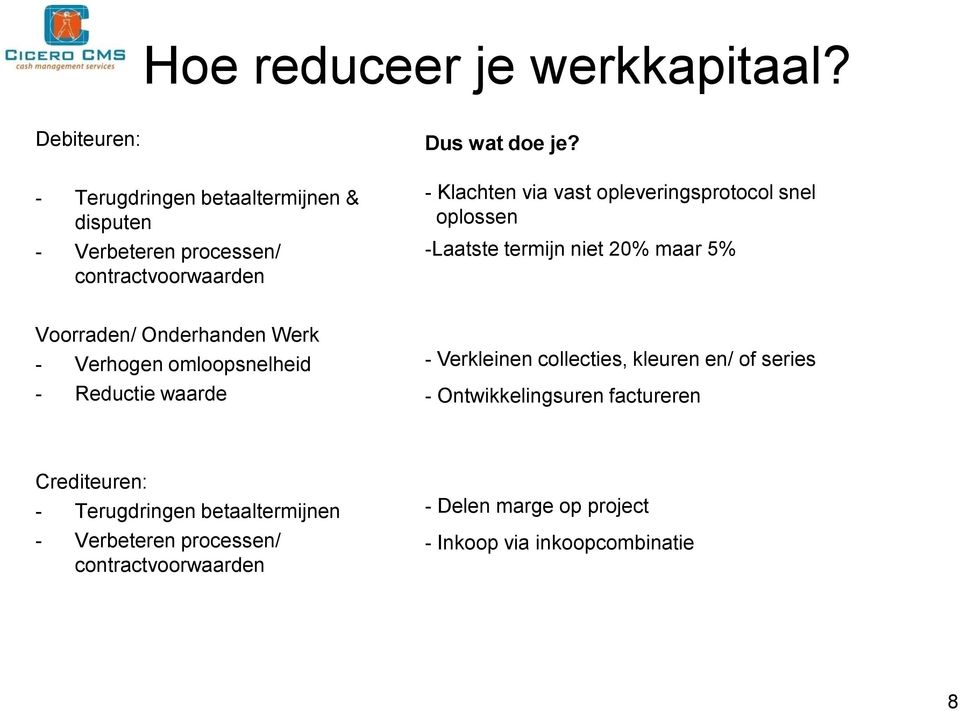 - Klachten via vast opleveringsprotocol snel oplossen -Laatste termijn niet 20% maar 5% Voorraden/ Onderhanden Werk - Verhogen