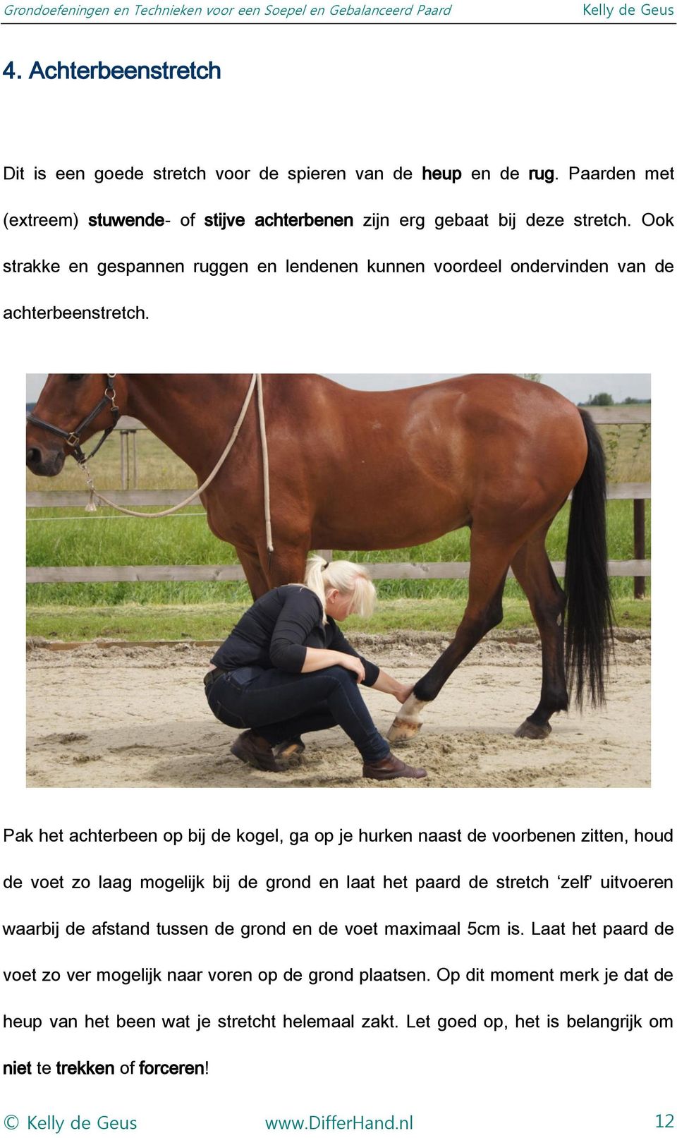 Pak het achterbeen op bij de kogel, ga op je hurken naast de voorbenen zitten, houd de voet zo laag mogelijk bij de grond en laat het paard de stretch zelf uitvoeren waarbij de