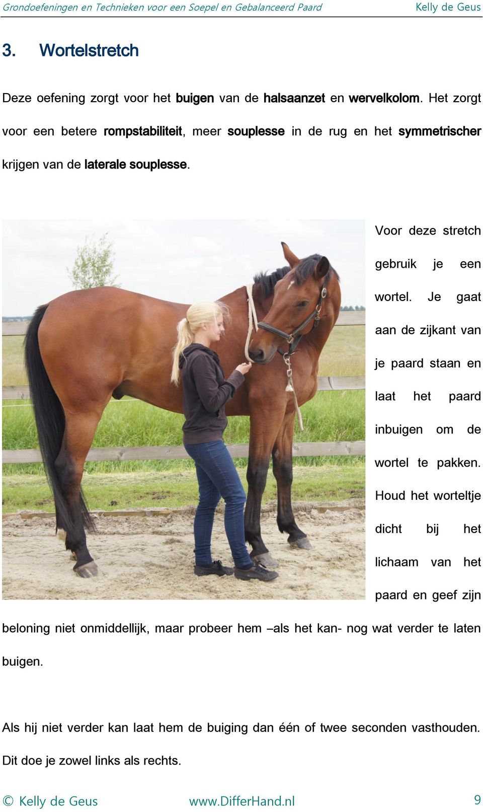 Voor deze stretch gebruik je een wortel. Je gaat aan de zijkant van je paard staan en laat het paard inbuigen om de wortel te pakken.