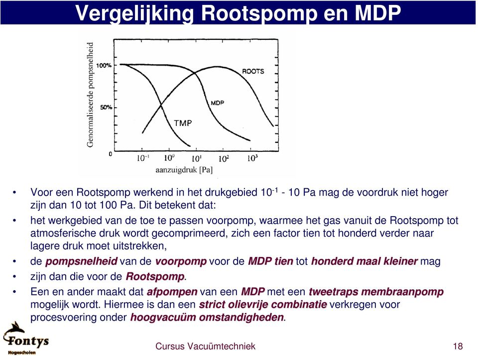 honderd verder naar lagere druk moet uitstrekken, de pompsnelheid van de voorpomp voor de MDP tien tot honderd maal kleiner mag zijn dan die voor de Rootspomp.