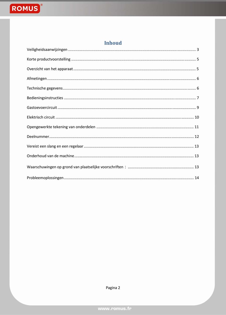 .. 10 Opengewerkte tekening van onderdelen... 11 Deelnummer... 12 Vereist een slang en een regelaar.