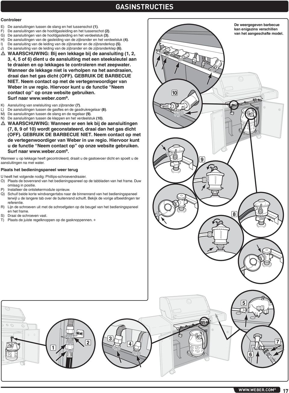 I) De aansluiting van de leiding van de zijbrander en de zijbranderkop (5). J) De aansluiting van de leiding van de zijbrander en de zijbranderklep (6).