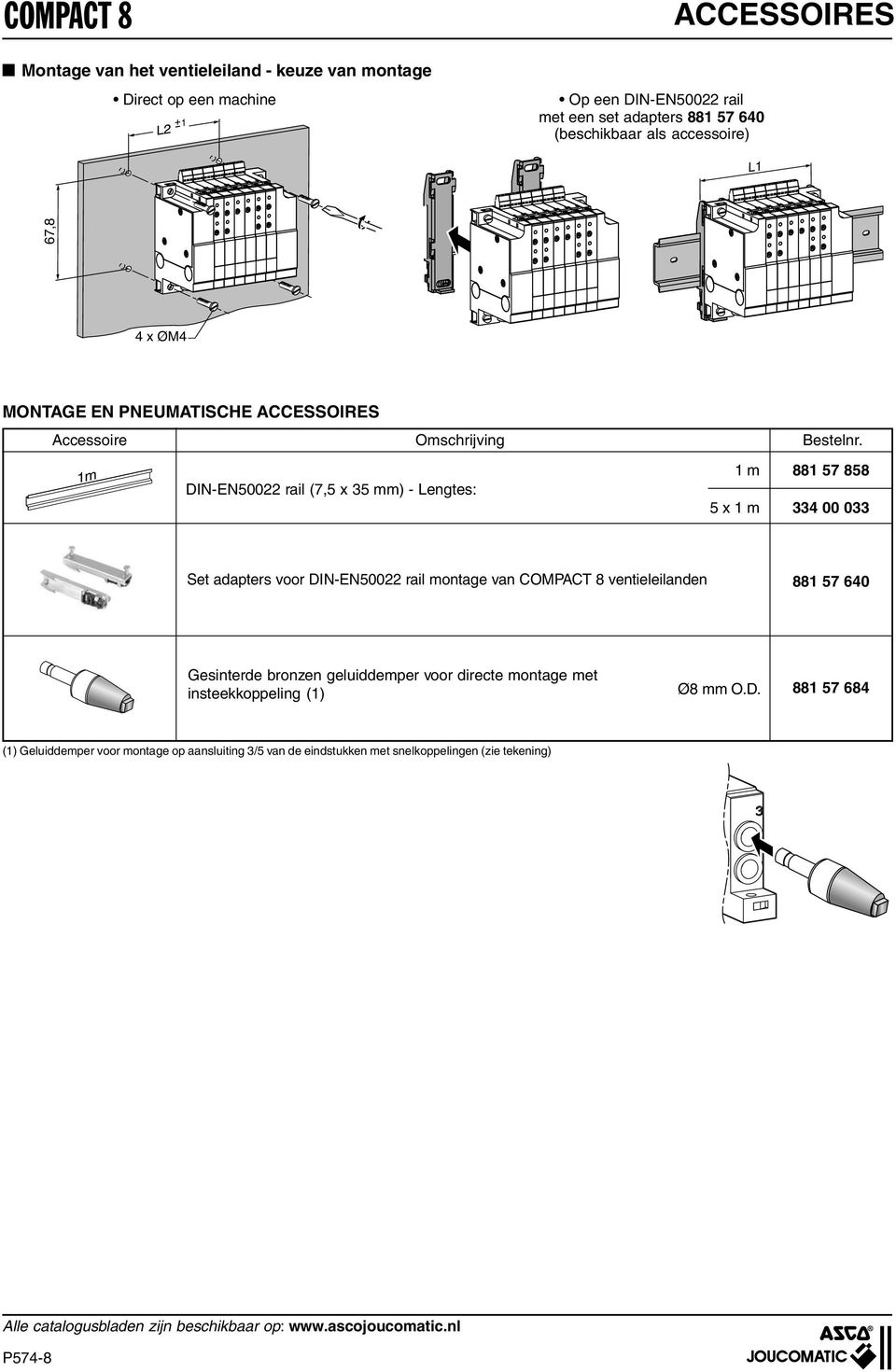 m DIN-EN00 rail (7, x mm) - Lengtes: m x m 88 7 88 00 0 Set adapters voor DIN-EN00 rail montage van ventieleilanden 88 7 60 Gesinterde bronzen