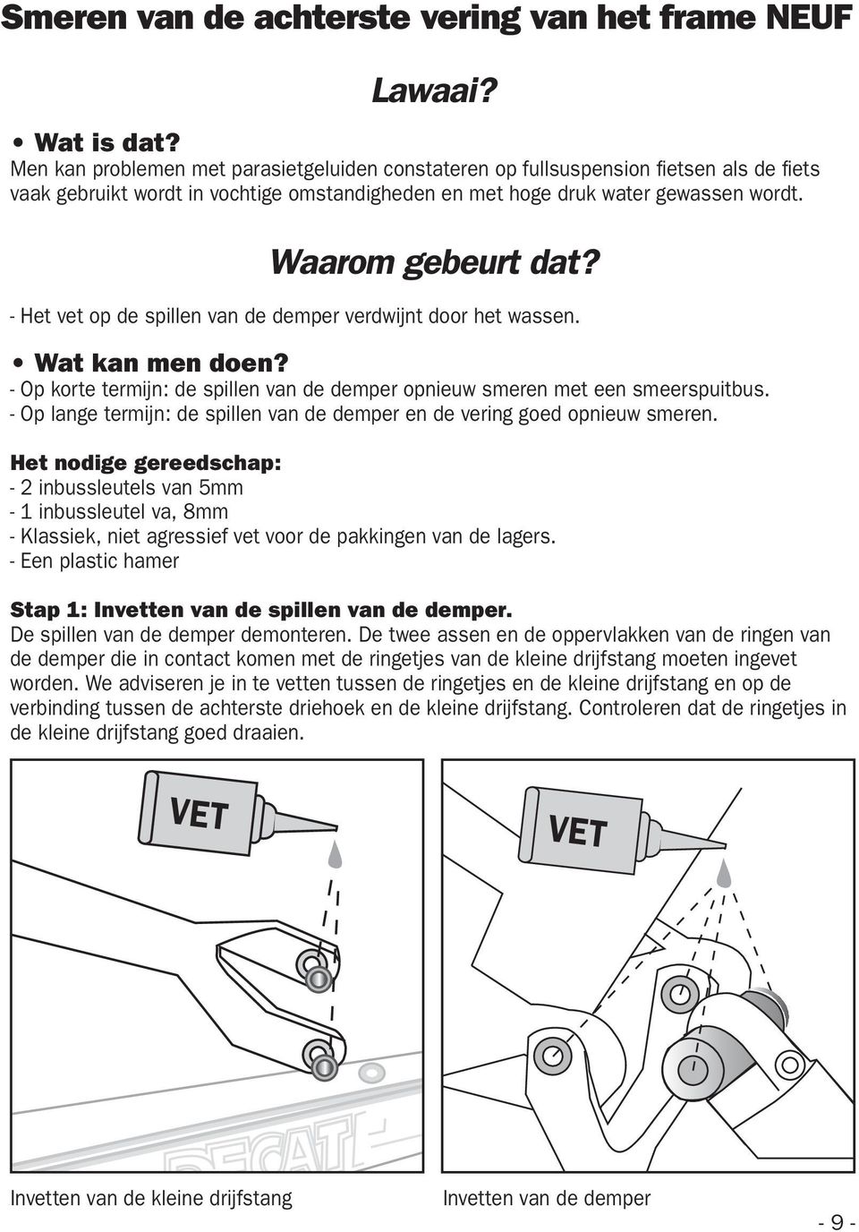 - Het vet op de spillen van de demper verdwijnt door het wassen. Wat kan men doen? - Op korte termijn: de spillen van de demper opnieuw smeren met een smeerspuitbus.