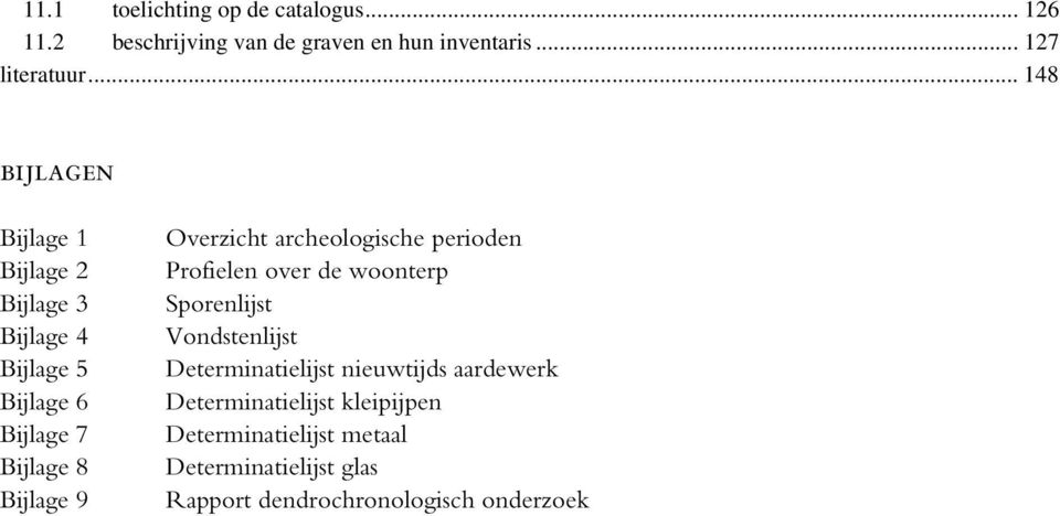 Overzicht archeologische perioden Profielen over de woonterp Sporenlijst Vondstenlijst Determinatielijst