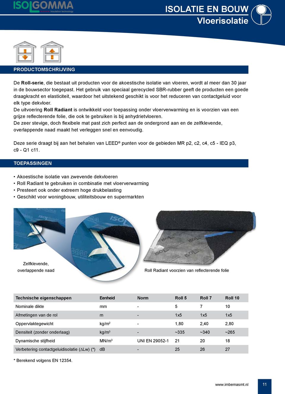dekvloer. De uitvoering Roll Radiant is ontwikkeld voor toepassing onder vloerverwarming en is voorzien van een grijze reflecterende folie, die ook te gebruiken is bij anhydrietvloeren.