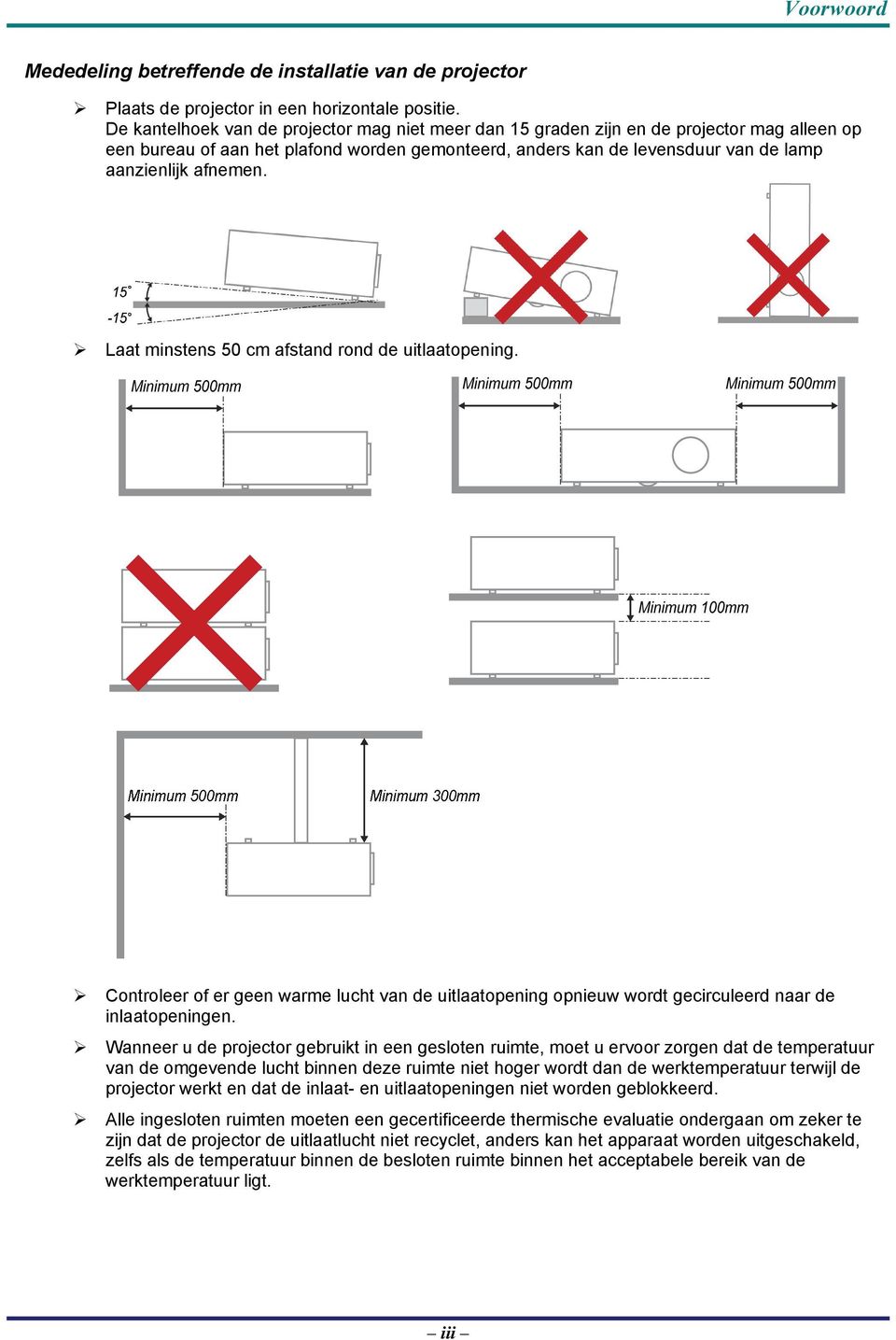 Laat minstens 50 cm afstand rond de uitlaatopening. Controleer of er geen warme lucht van de uitlaatopening opnieuw wordt gecirculeerd naar de inlaatopeningen.