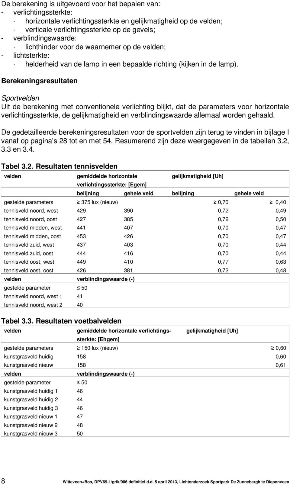 Berekeningsresultaten Sportvelden Uit de berekening met conventionele verlichting blijkt, dat de parameters voor horizontale verlichtingssterkte, de gelijkmatigheid en verblindingswaarde allemaal