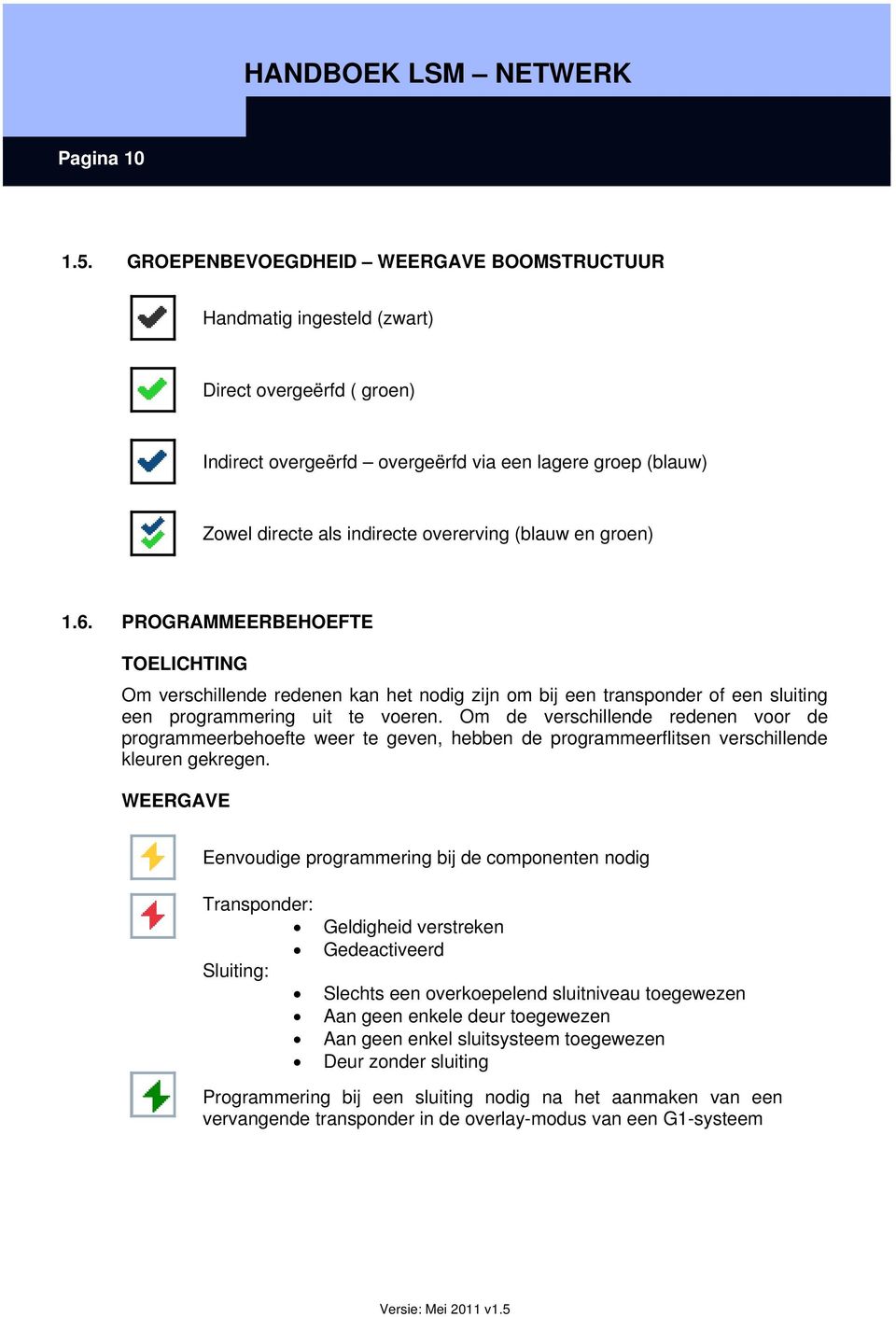 (blauw en groen) 1.6. PROGRAMMEERBEHOEFTE TOELICHTING Om verschillende redenen kan het nodig zijn om bij een transponder of een sluiting een programmering uit te voeren.