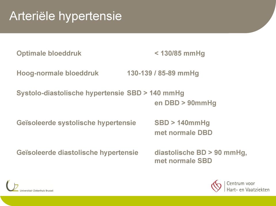 mmhg en DBD > 90mmHg Geïsoleerde systolische hypertensie SBD > 140mmHg met